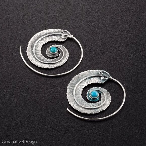 Silver Boho Western Geometric Spiral Feather Turquoise Earrings - Picture 2 of 3